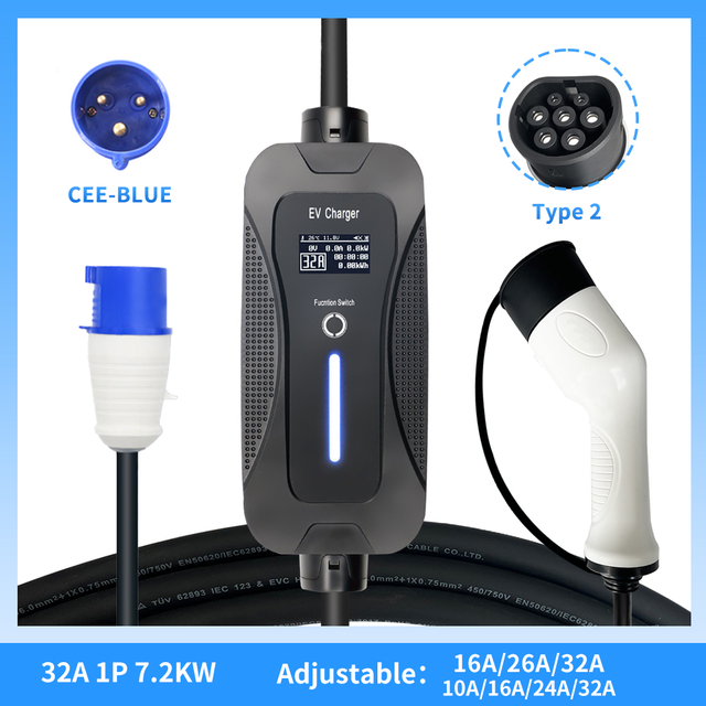 Single Phase Type 2 32A Portable EV Charger With CEE Plug